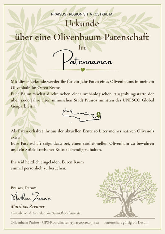 Jahres-Patenschaft für einen Olivenbaum mit 5 Litern Olivenöl aus der Ernte Januar 2026