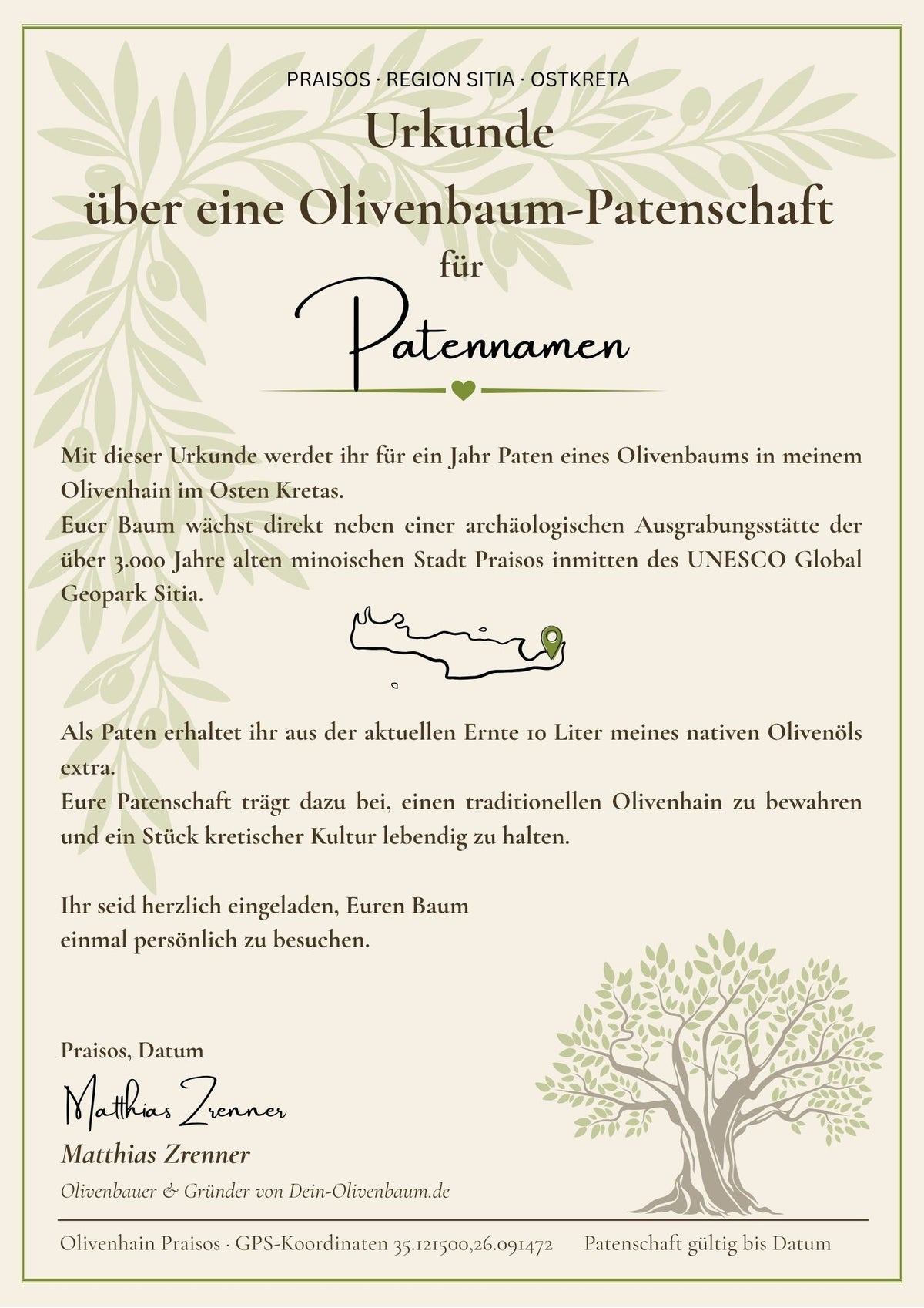 Jahres-Patenschaft für einen Olivenbaum mit 10 Litern Olivenöl aus der Ernte Januar 2026